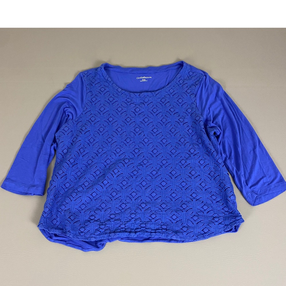 Croft & Barrow Lace Blouse Top XXL Blue Geometric 3/4 Sleeve Casual Cotton Blend